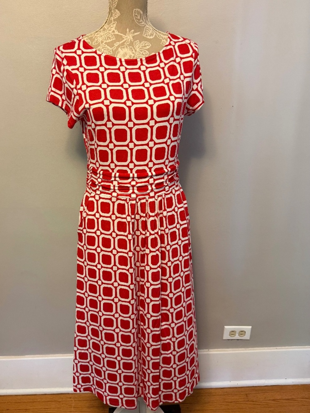 Boden Amelie Jersey Dress US 8L Red White Geometric Fit Flare Pockets J0326